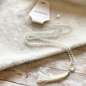 Liz Claiborne Beaded Long Strand Necklace White Silver Tassel Pendant New
